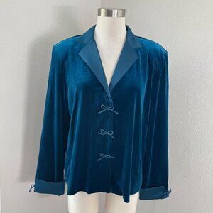 NEW Coldwater Creek Womens 14 Satin Bow Velvet‎ Jacket Teal Blue Shoulder Pads